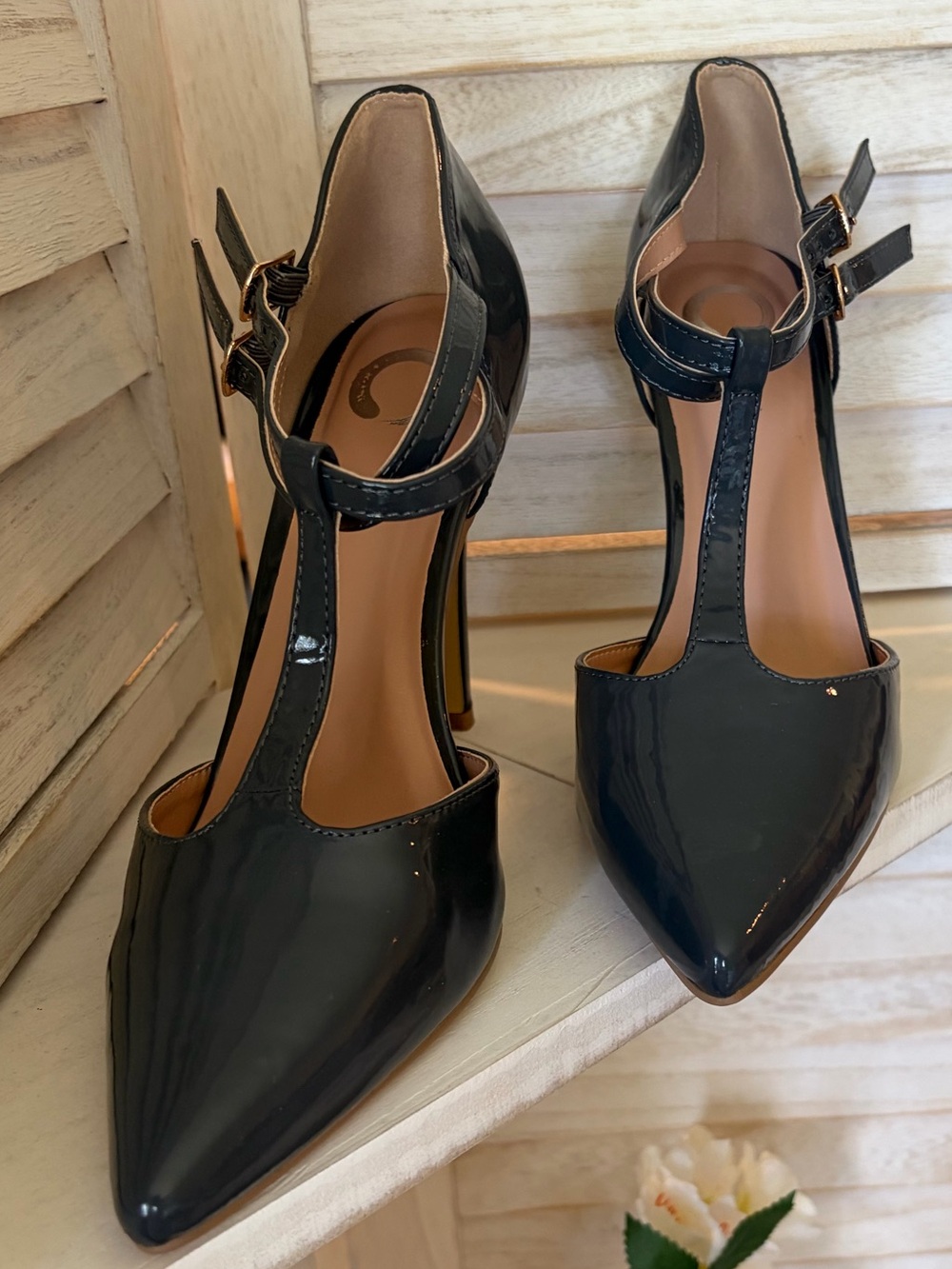 Journee Collection Black Patent T-Strap Pointed Pumps